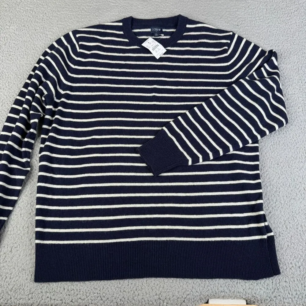 J CREW Sweater Men XL Navy Cream Striped Lambswool Blend Crew Neck Knit Pullover